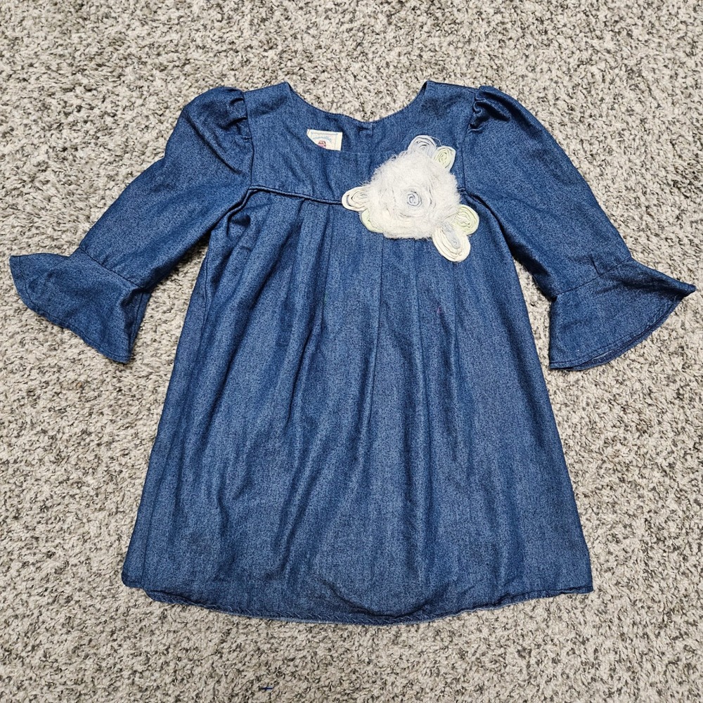 Marmellata Denim Rosette Bell Sleeve Chambray A-Line Dress Girls 4 Blue Boho